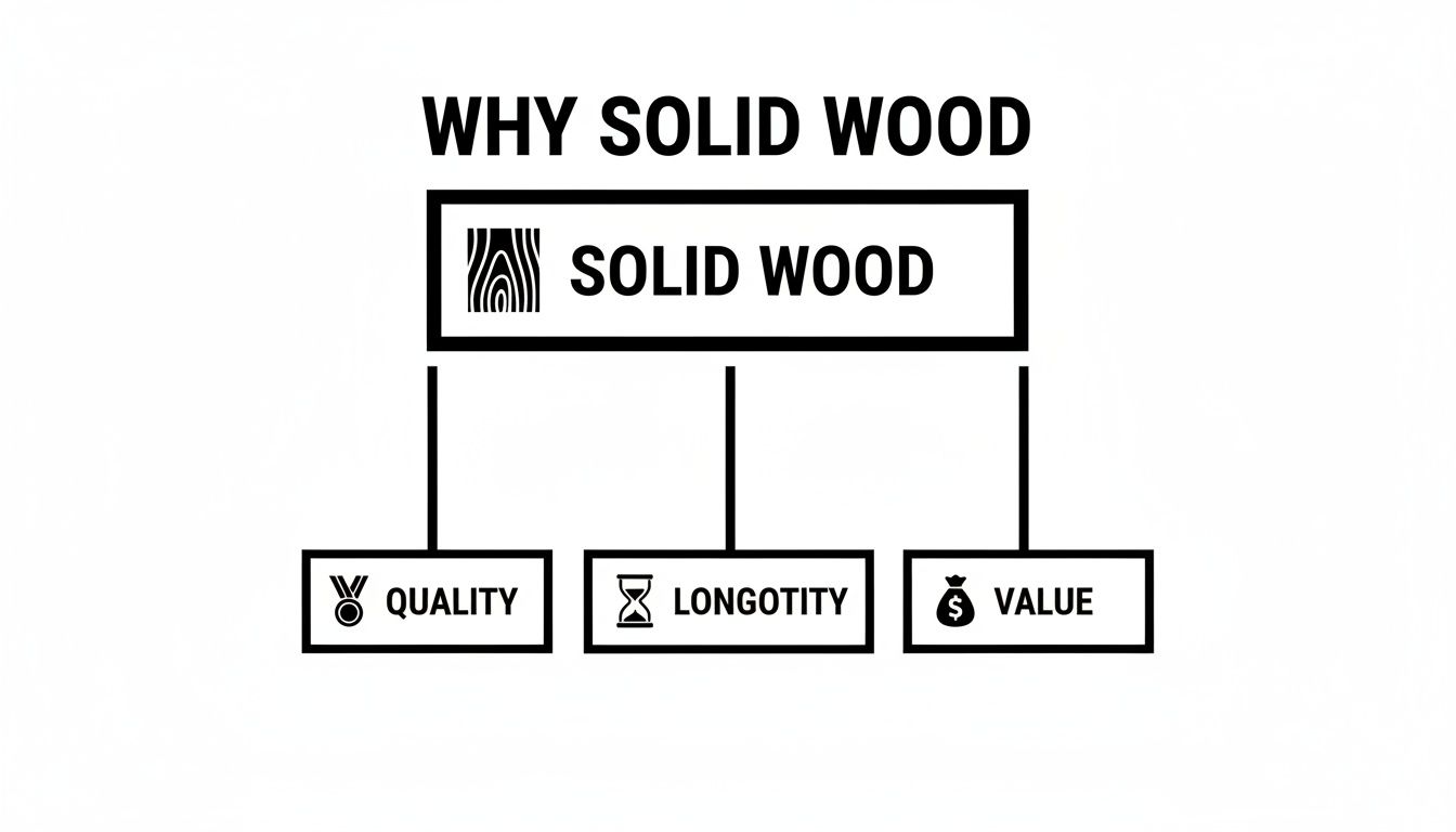 A diagram titled 'Why Solid Wood' highlighting its benefits: Quality, Longevity, and Value.