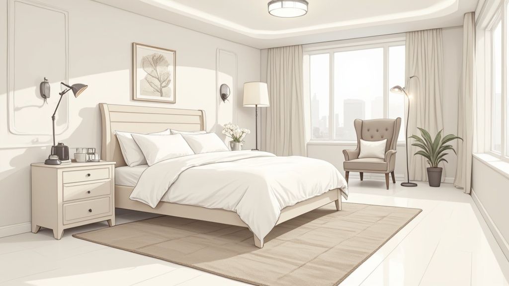 A bright and airy modern bedroom with a large bed, nightstand, and armchair by a window.