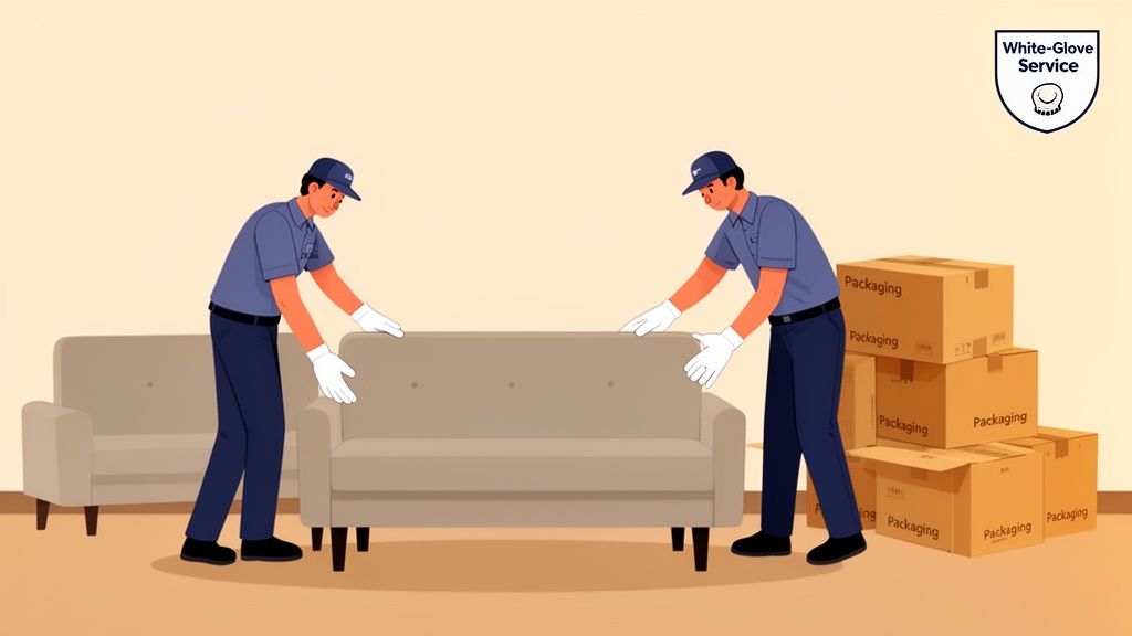 Two professional movers in uniform and white gloves carefully moving a sofa, with packaging boxes nearby.