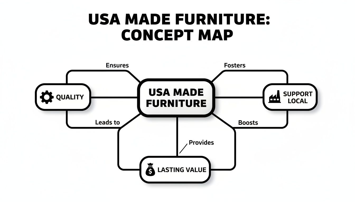 Concept map illustrating the benefits of USA made furniture: quality, local support, and lasting value.