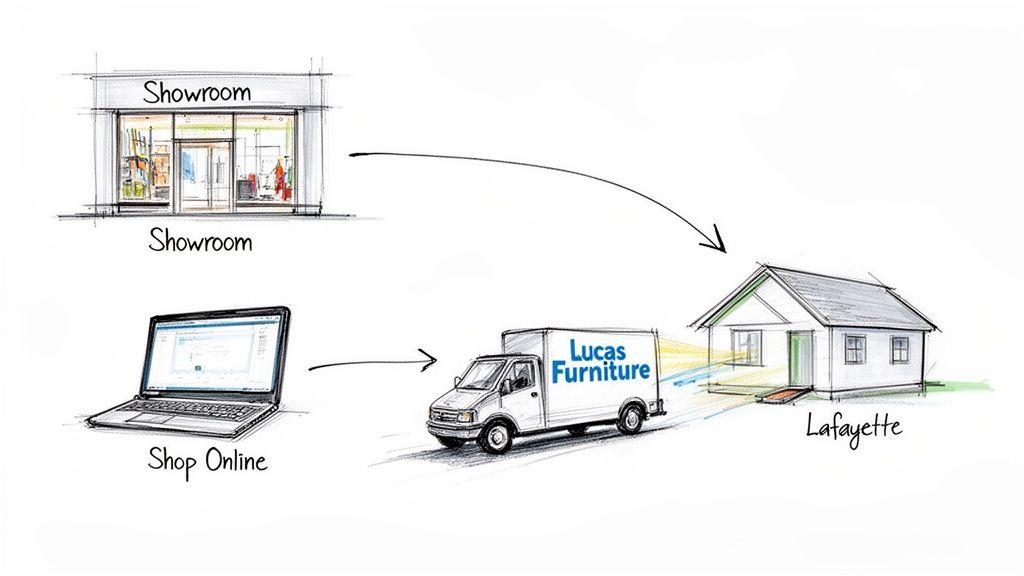 Diagram illustrating furniture delivery options: from a showroom or via online shopping to a house.