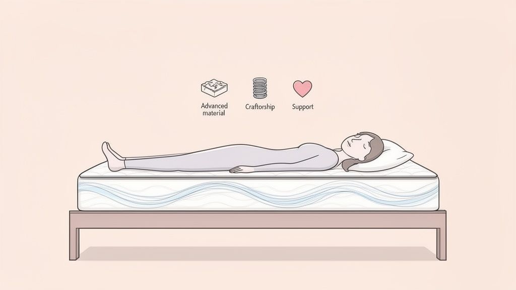 An illustration of a person sleeping on a mattress, highlighted with icons for advanced material, craftorship, and support.