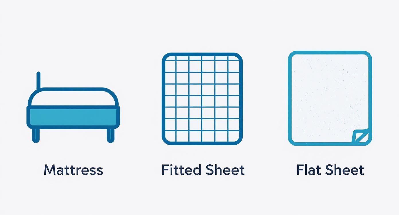 Illustrative icons depicting a mattress, a fitted sheet with a grid pattern, and a flat sheet with a curled corner.