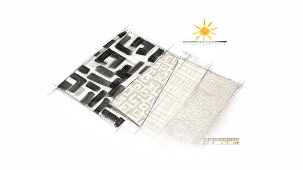 Illustration of three fabric swatches with varying patterns and textures, including sun icon and ruler.