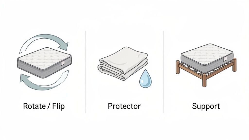 Three illustrations show mattress care tips: rotate/flip, protector, and proper support.