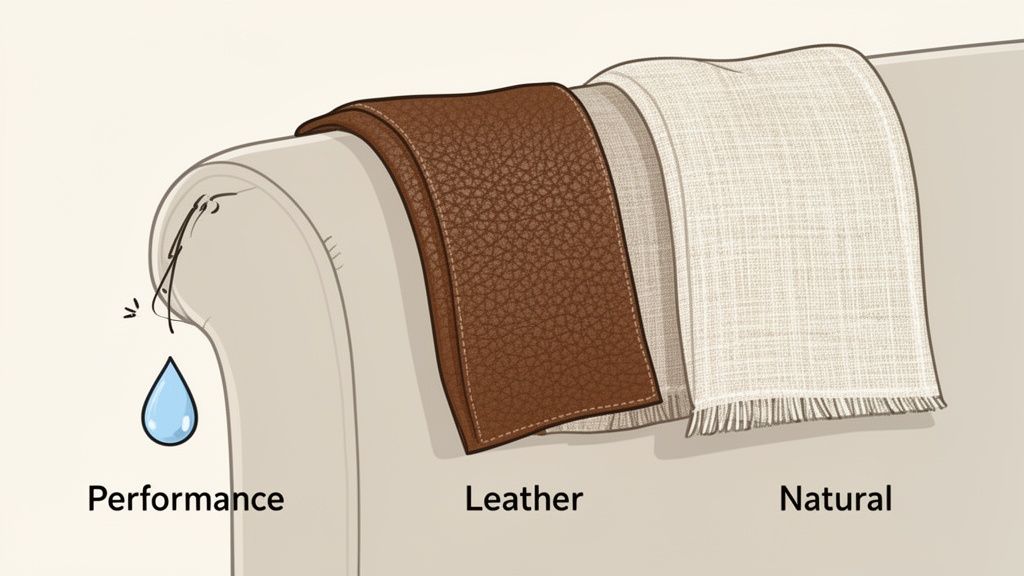 Three sofa fabric swatches draped over a couch: performance, leather, and natural fiber.