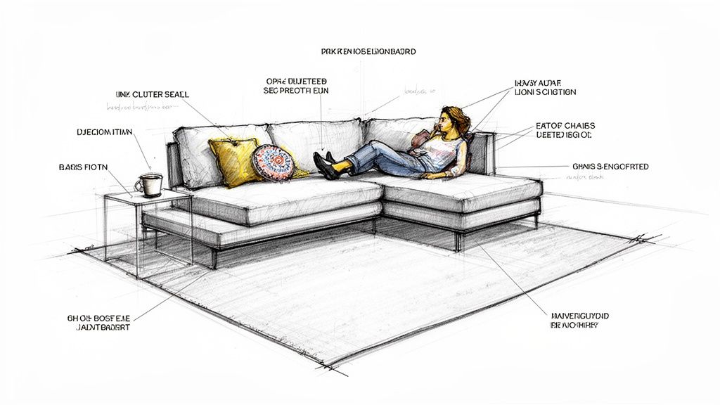A hand-drawn sketch showing a woman relaxing on a large modern sectional sofa in a living room.