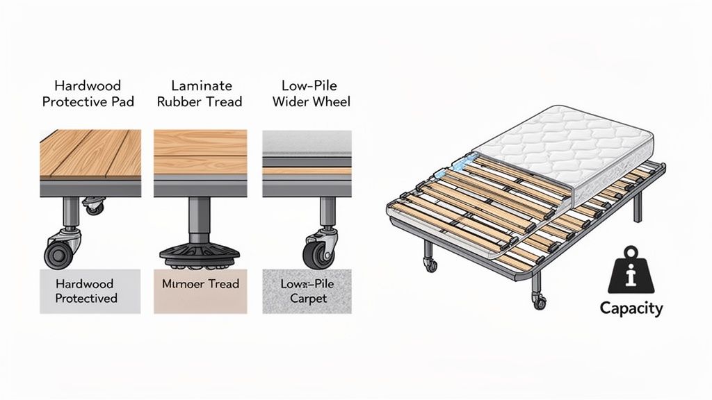 Illustration of bed frame leg options for hardwood, laminate, and carpet, and a bed frame with a mattress.