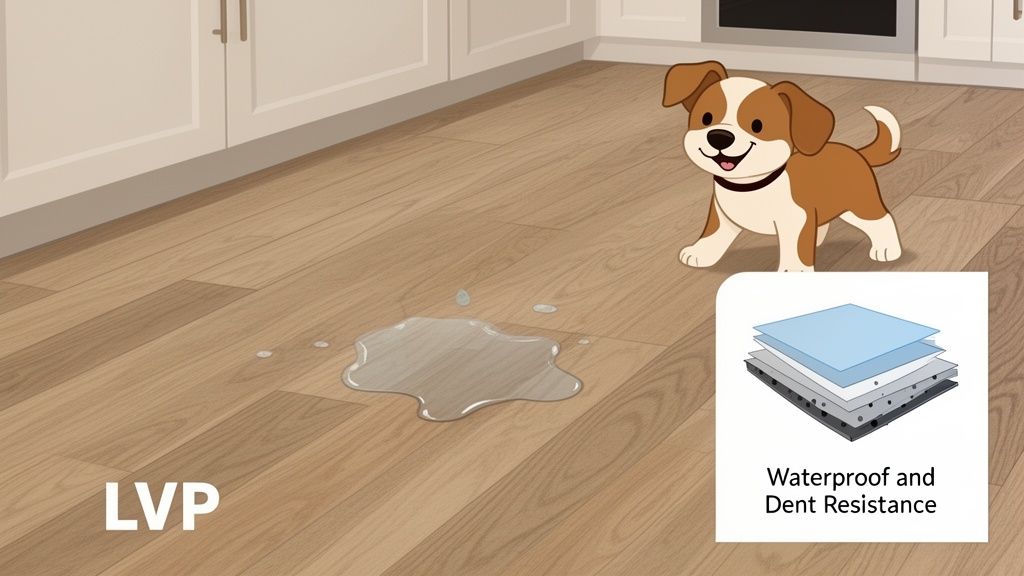 Cartoon dog next to a water puddle on light wood LVP flooring, highlighting waterproof and dent resistance.