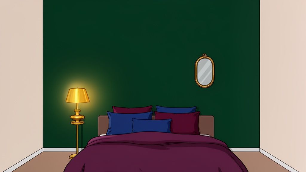 A stylish bedroom with a dark green accent wall, bed with colorful pillows, golden lamp, and mirror.