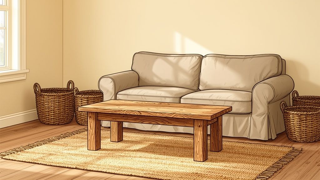 A cozy, traditional living room featuring a beige sofa, wooden coffee table, braided rug, and wicker baskets.