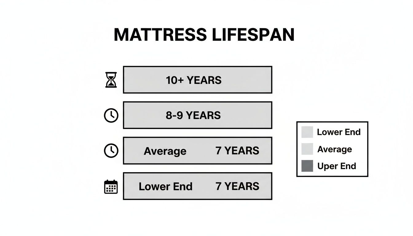 Infographic showing mattress lifespan categories ranging from 7 years (lower end) to 10+ years.