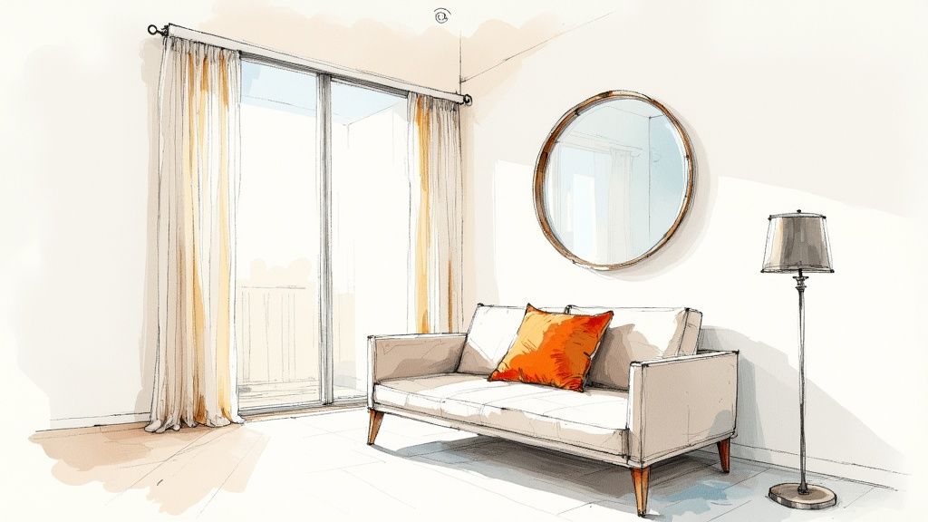 Minimalist living room with beige sofa, round mirror, floor lamp, and flowing curtains