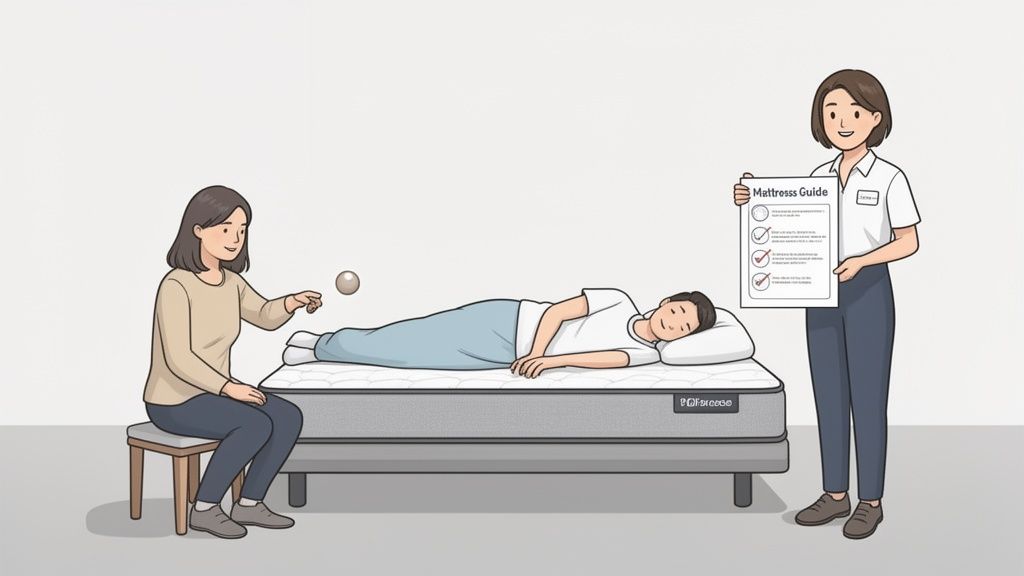 Illustration of mattress features: a woman drops a ball near a sleeping man, while a salesperson holds a guide.