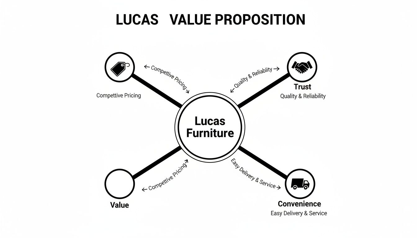 A value proposition diagram for Lucas Furniture, highlighting competitive pricing, trust, value, and convenience.