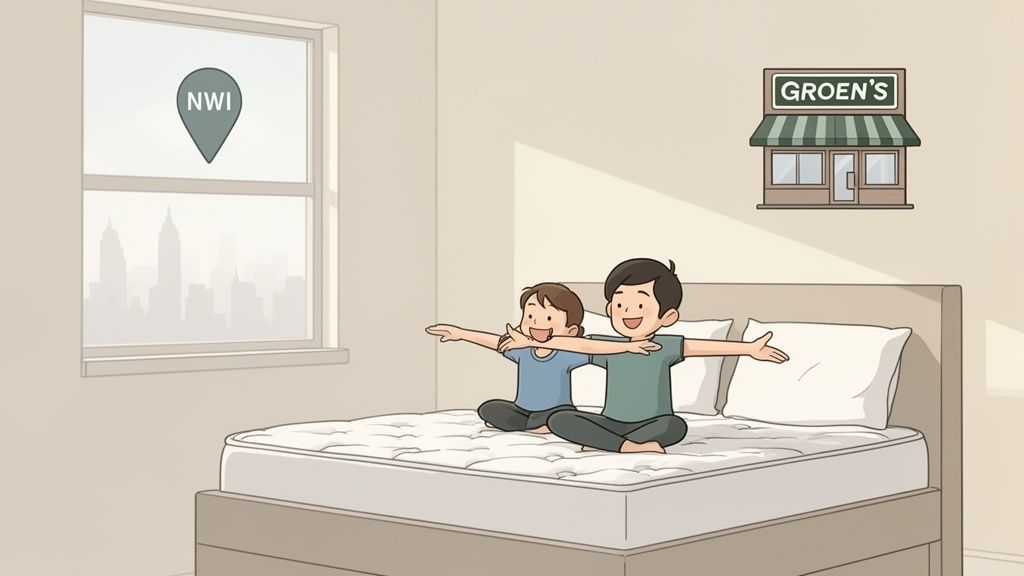 Two smiling boys stretch happily on a comfortable mattress in a bright bedroom.