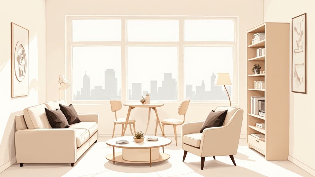 A stylishly arranged small living room showcasing a compact sofa and vertical shelving to maximize space.