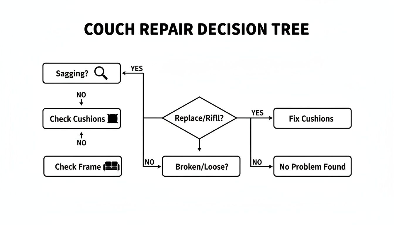 Decision tree flowchart illustrating steps to diagnose and repair issues with a couch, including sagging, cushions, and frame.