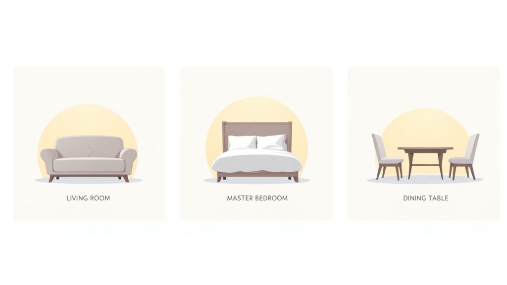 Three illustrations show a sofa for a living room, a bed for a master bedroom, and a dining table with chairs.
