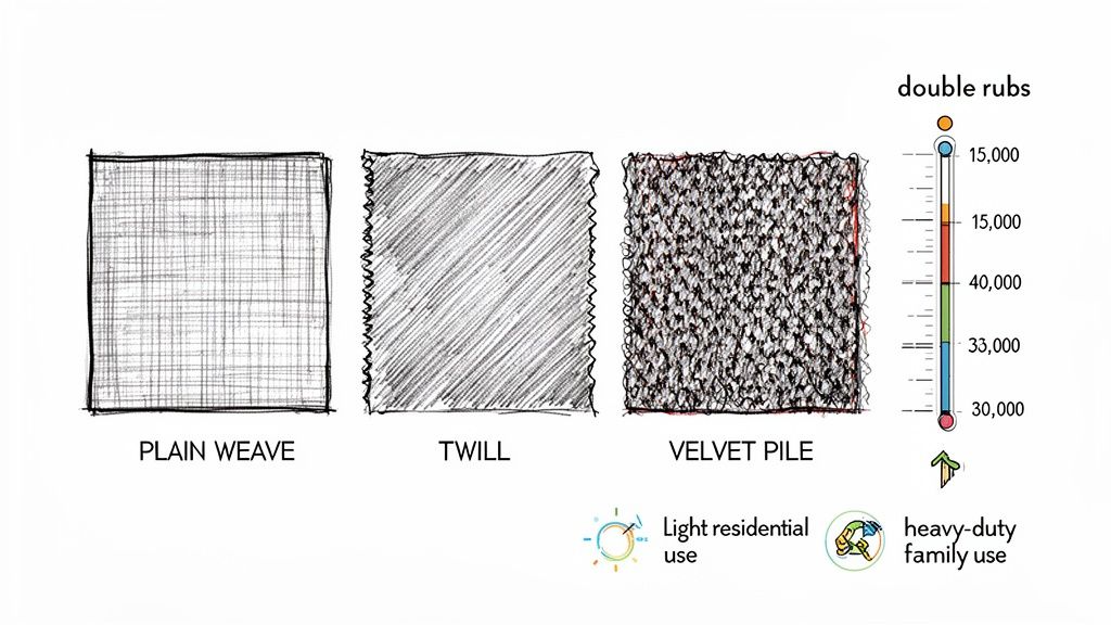 An illustration comparing plain weave, twill, and velvet pile fabrics with a 'double rubs' durability scale.