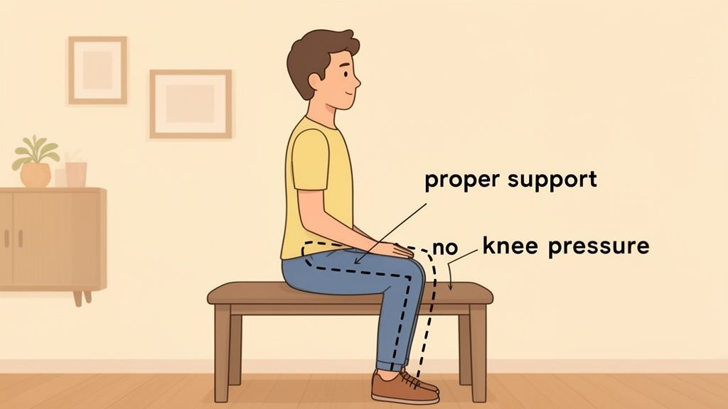 Illustration of a person sitting properly on a bench, demonstrating proper thigh support and no knee pressure.