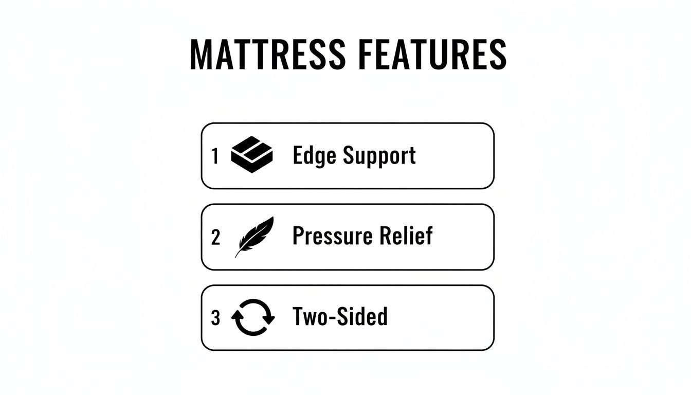 An infographic showing mattress features: Edge Support, Pressure Relief, and Two-Sided.