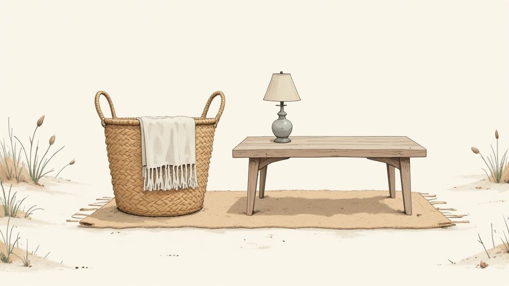 Coastal scene with a woven basket, white blanket, wooden table, and lamp on a sandy rug.