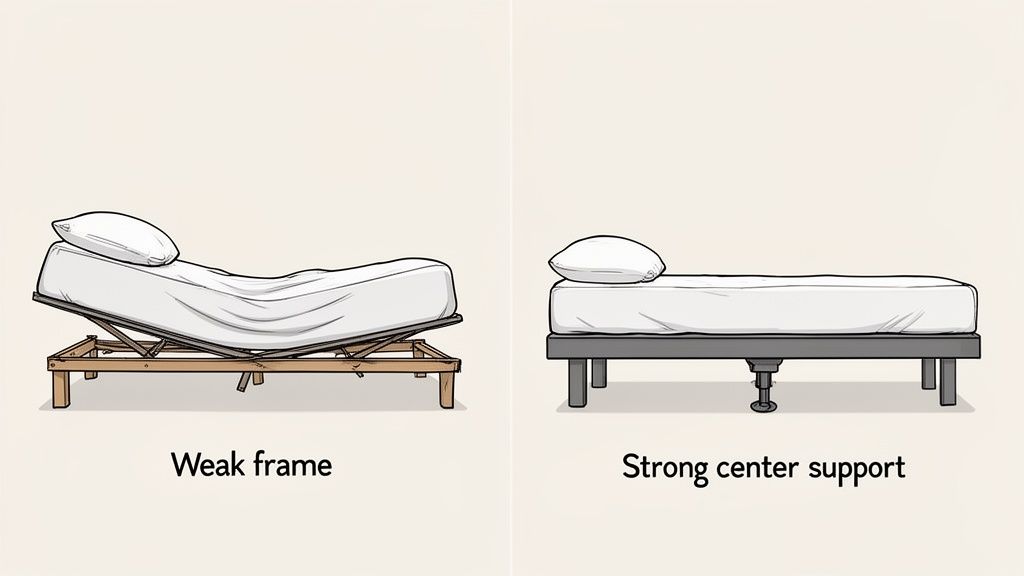 Comparison of two beds: one on a weak, sagging frame, and another on a strong frame with center support.