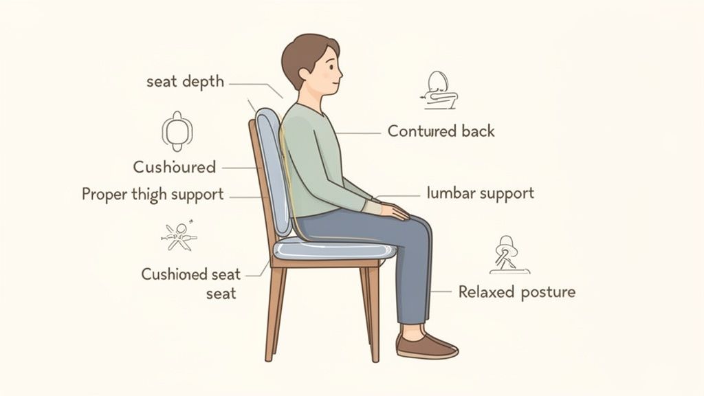 Illustration of a person sitting on a chair, highlighting ergonomic features for proper posture like seat depth, cushioning, and lumbar support.