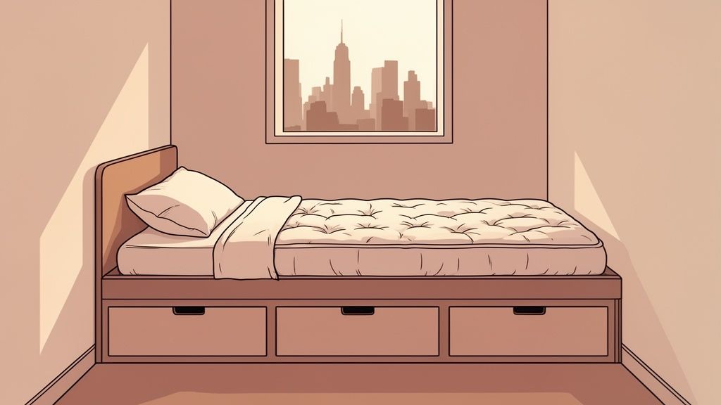 Cartoon style bedroom with a bed, pillow, blankets, under-bed storage, and a city skyline framed art.