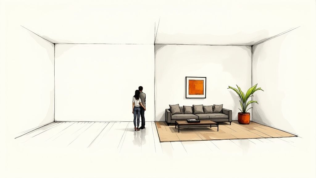 A couple looks at a stylishly furnished section of a large, mostly empty room.