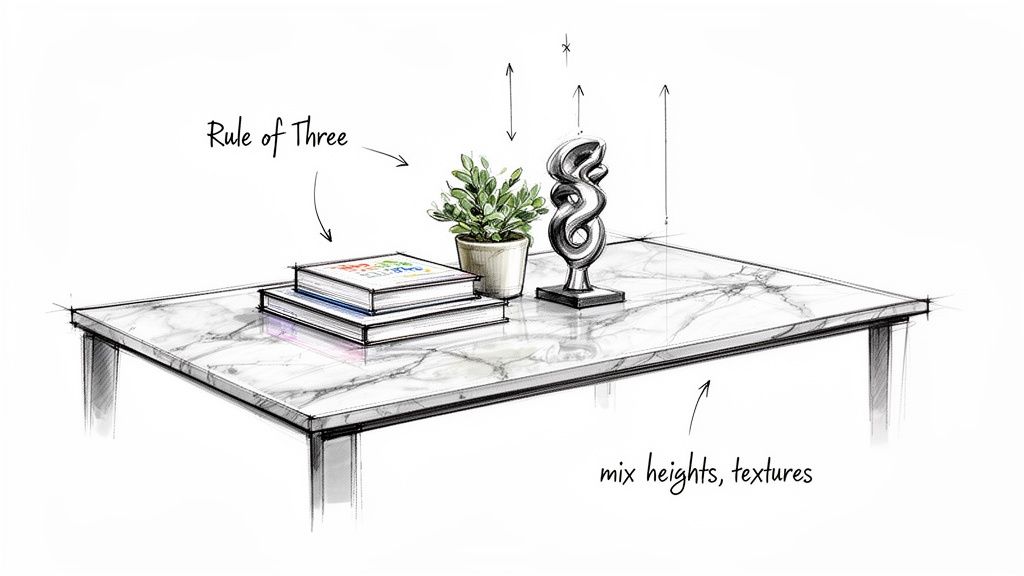 A sketch demonstrating the 'Rule of Three' for styling a marble coffee table with books, a plant, and a sculpture.