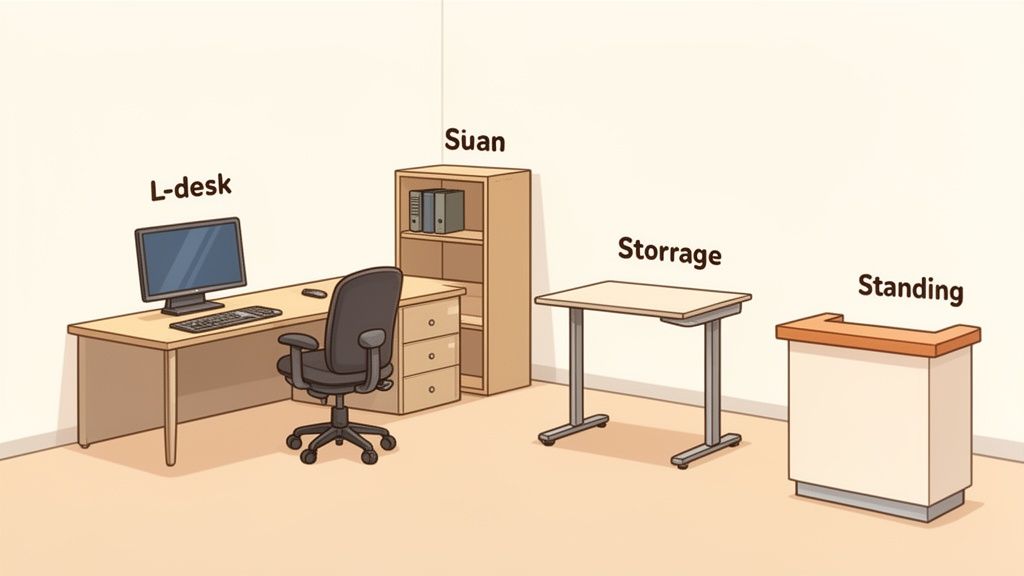 An illustration of different office furniture, including an L-desk, a bookshelf, and standing desks.