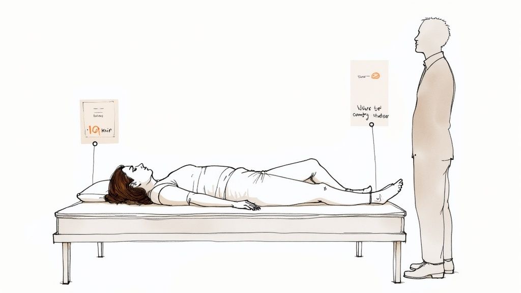 A person comfortably testing a mattress in a bright furniture showroom.