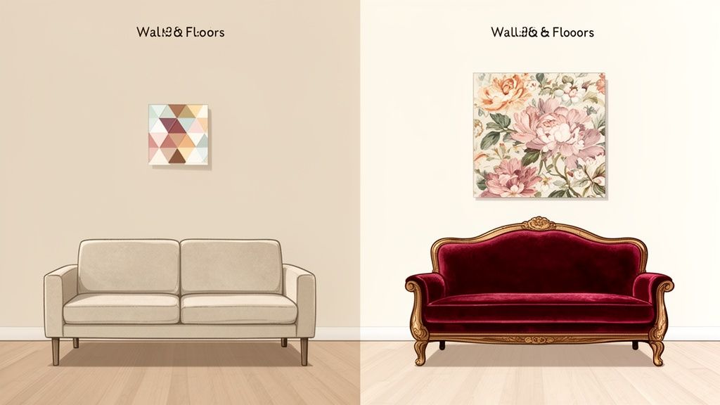 Comparison of modern beige sofa with geometric art and classic burgundy sofa with floral art.