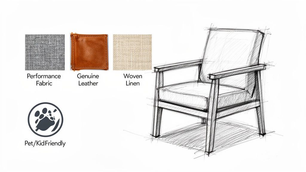Sketch of an accent chair with fabric swatches: performance fabric, genuine leather, woven linen, and pet/kid friendly icon.
