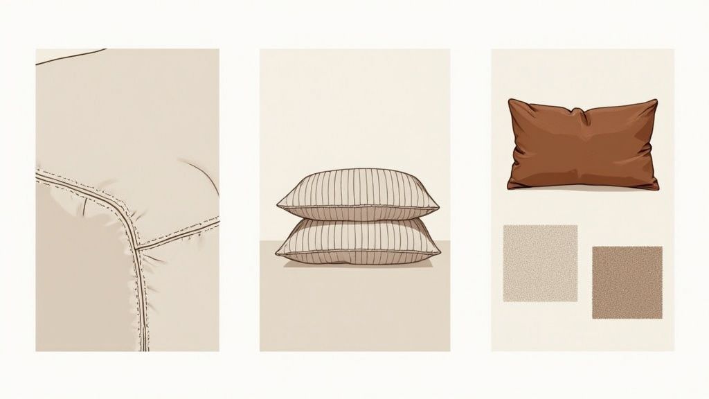 Illustrations depicting home textiles, including a close-up of stitched fabric, two stacked striped pillows, and a brown pillow with coordinating color swatches.