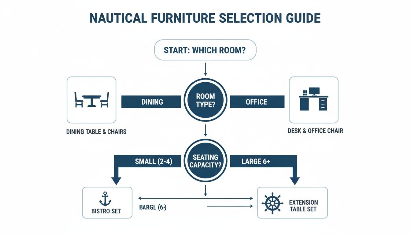 Flowchart for selecting nautical furniture: dining or office, then seating capacity for bistro or extension sets.
