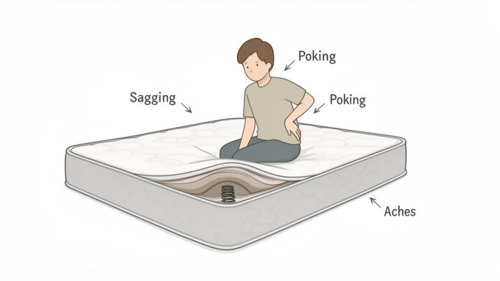A person experiences back pain from a sagging, old mattress with poking springs.