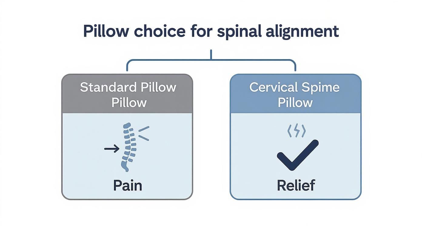 Diagram illustrating how standard pillows can cause spinal misalignment and pain compared to cervical pillows offering relief.