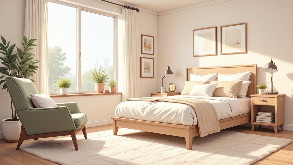 A bright, modern bedroom with a wooden bed, a green accent chair, and plants by a large window.
