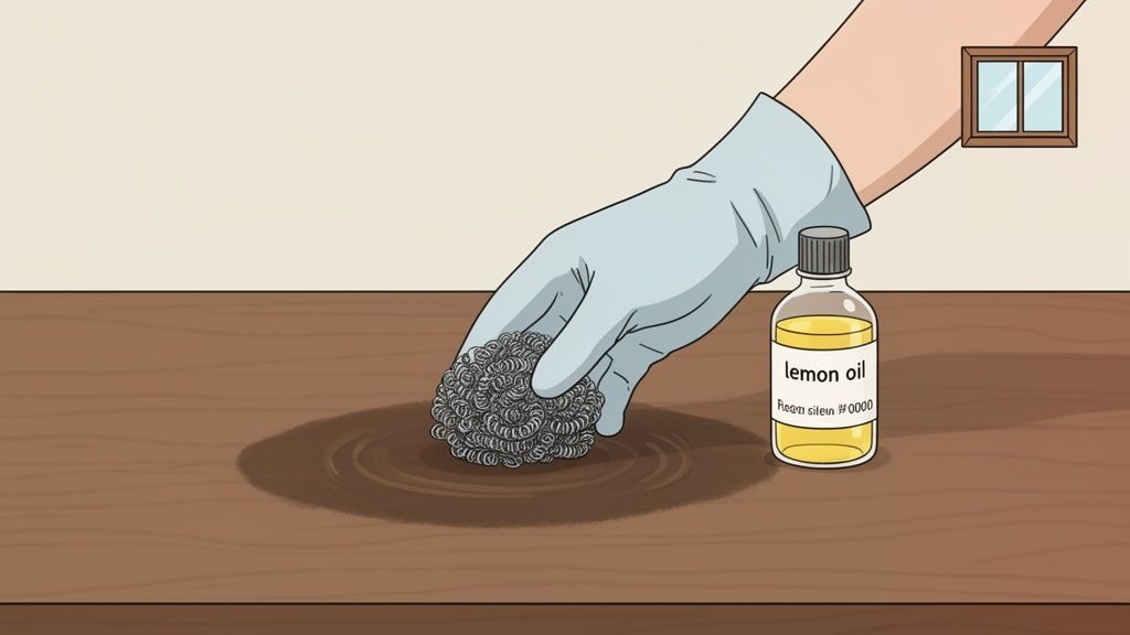 A gloved hand uses a steel wool pad to scrub a water ring from a wooden table, next to a bottle of lemon oil.