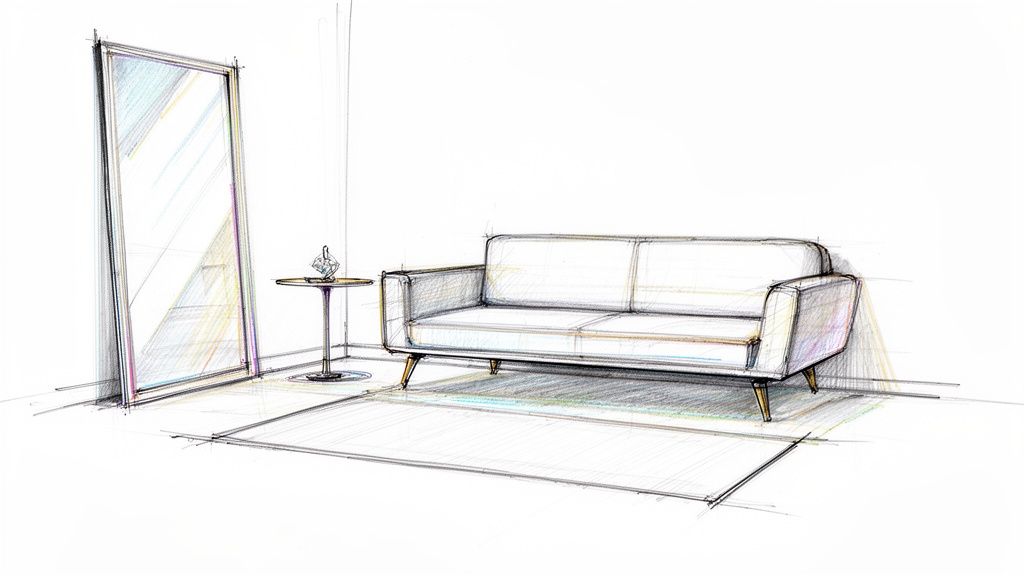 A hand-drawn sketch of a minimalist living room with a sofa, mirror, and side table.