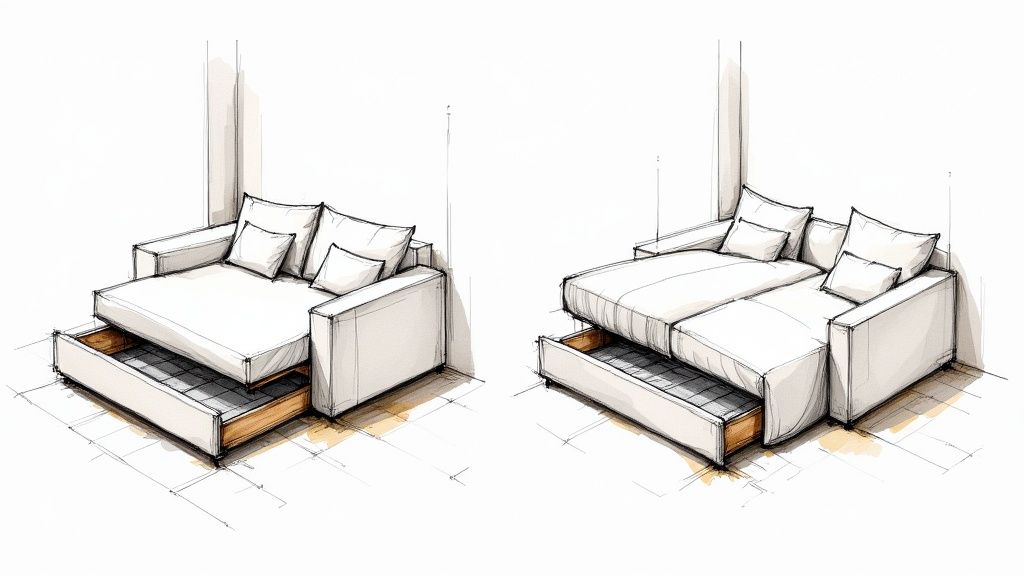 A cozy living room featuring a multi-functional storage ottoman and a sleek, modern sofa.