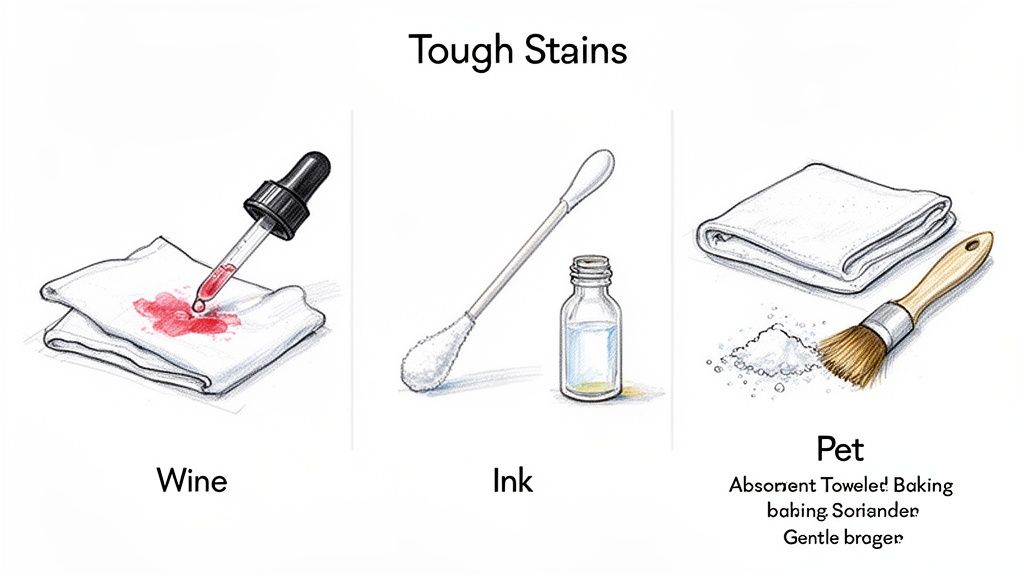 Illustrations depicting methods for removing tough stains like wine, ink, and pet messes using cloths, liquids, and powders.