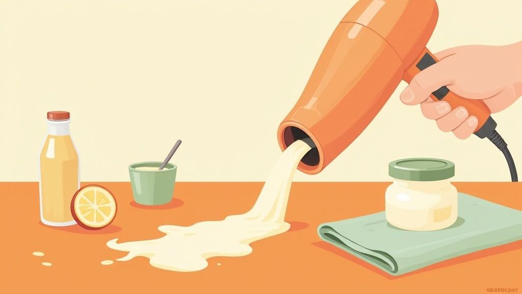 A hand holds an orange hairdryer pouring white liquid onto a table, next to a lemon, bowl, and cream.