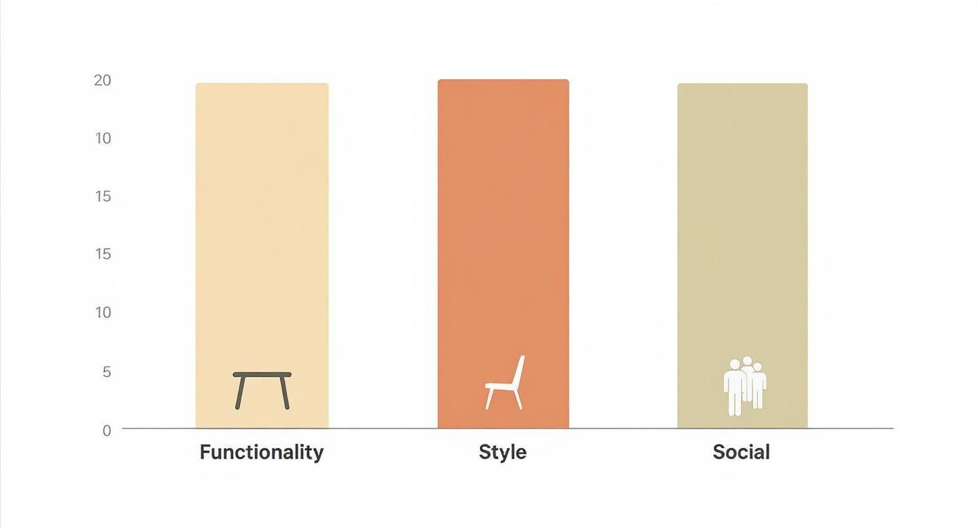 A bar chart illustrating Functionality, Style, and Social aspects, all receiving a score of 20.
