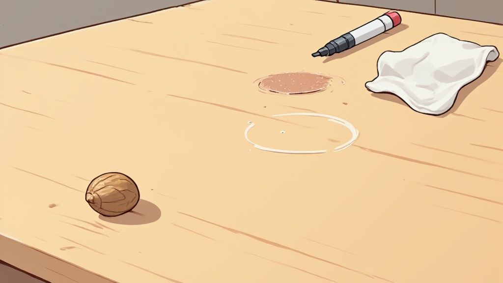A wooden table surface displaying a nutmeg, a marker, a white cloth, and liquid stains.