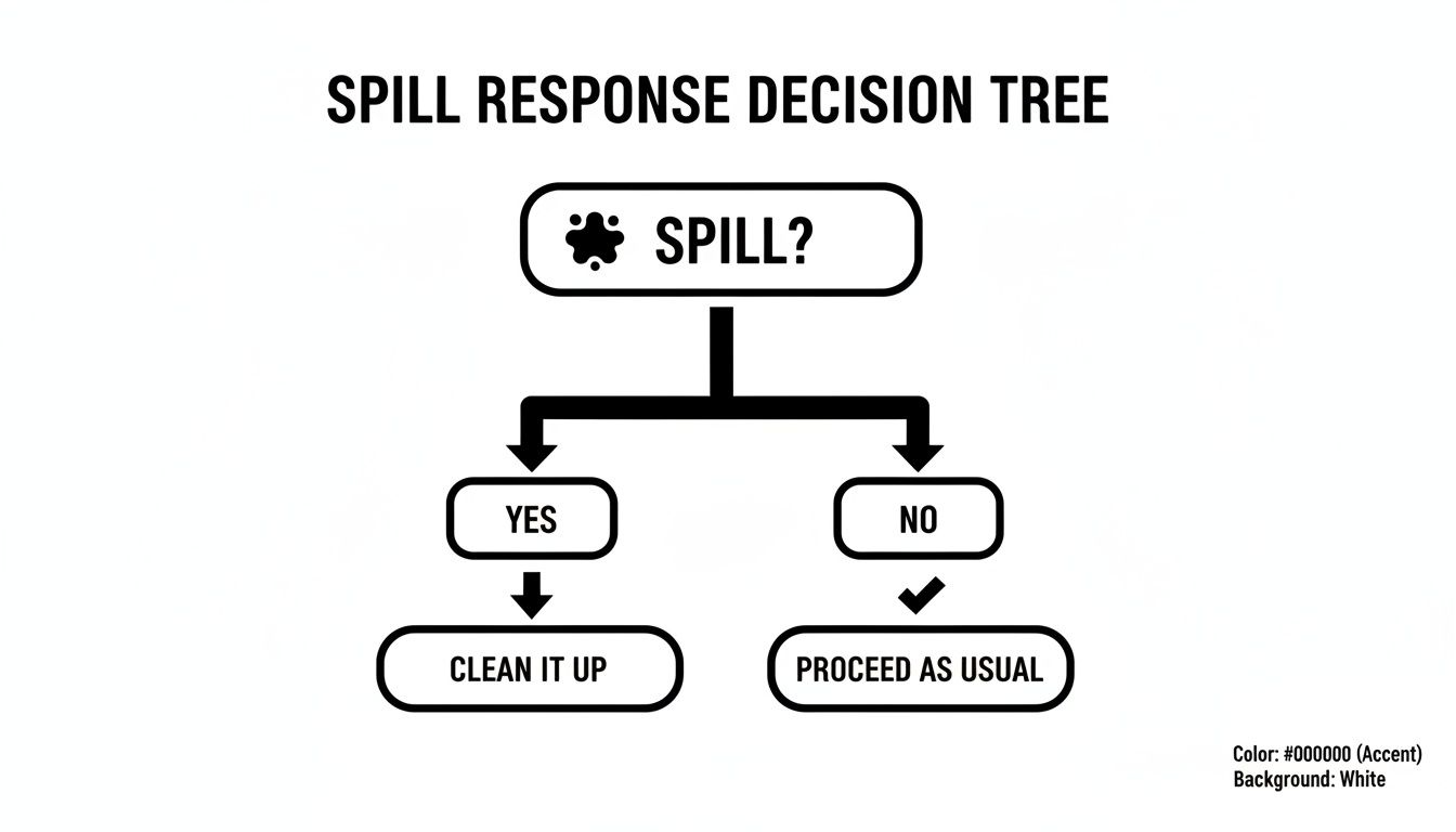 A simple black and white flowchart, titled 'Spill Response Decision Tree', showing steps for handling a spill.