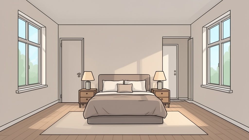 A minimalist bedroom interior with a bed, nightstands, lamps, windows, and doors, bathed in natural light.